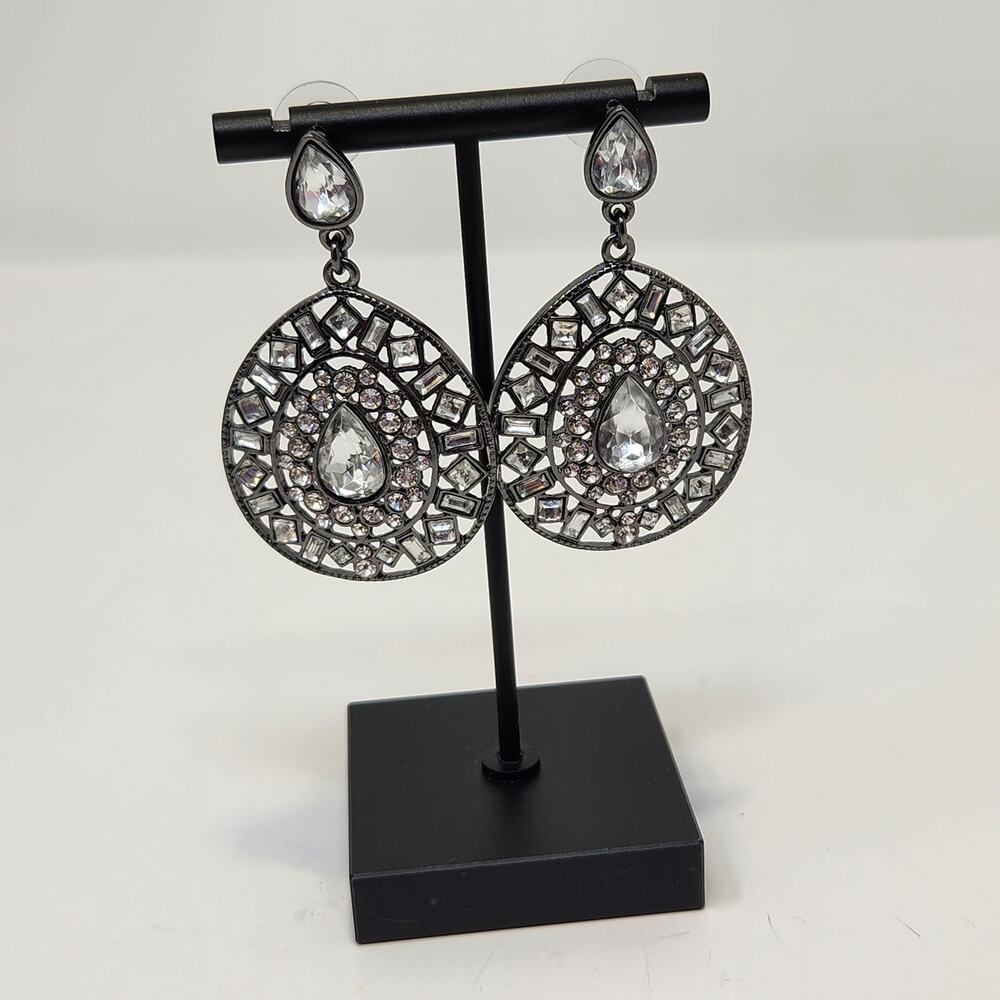 Premier Designs Gunmetal Gray Clear Rhinestone Teardrop Post Earrings Oversized